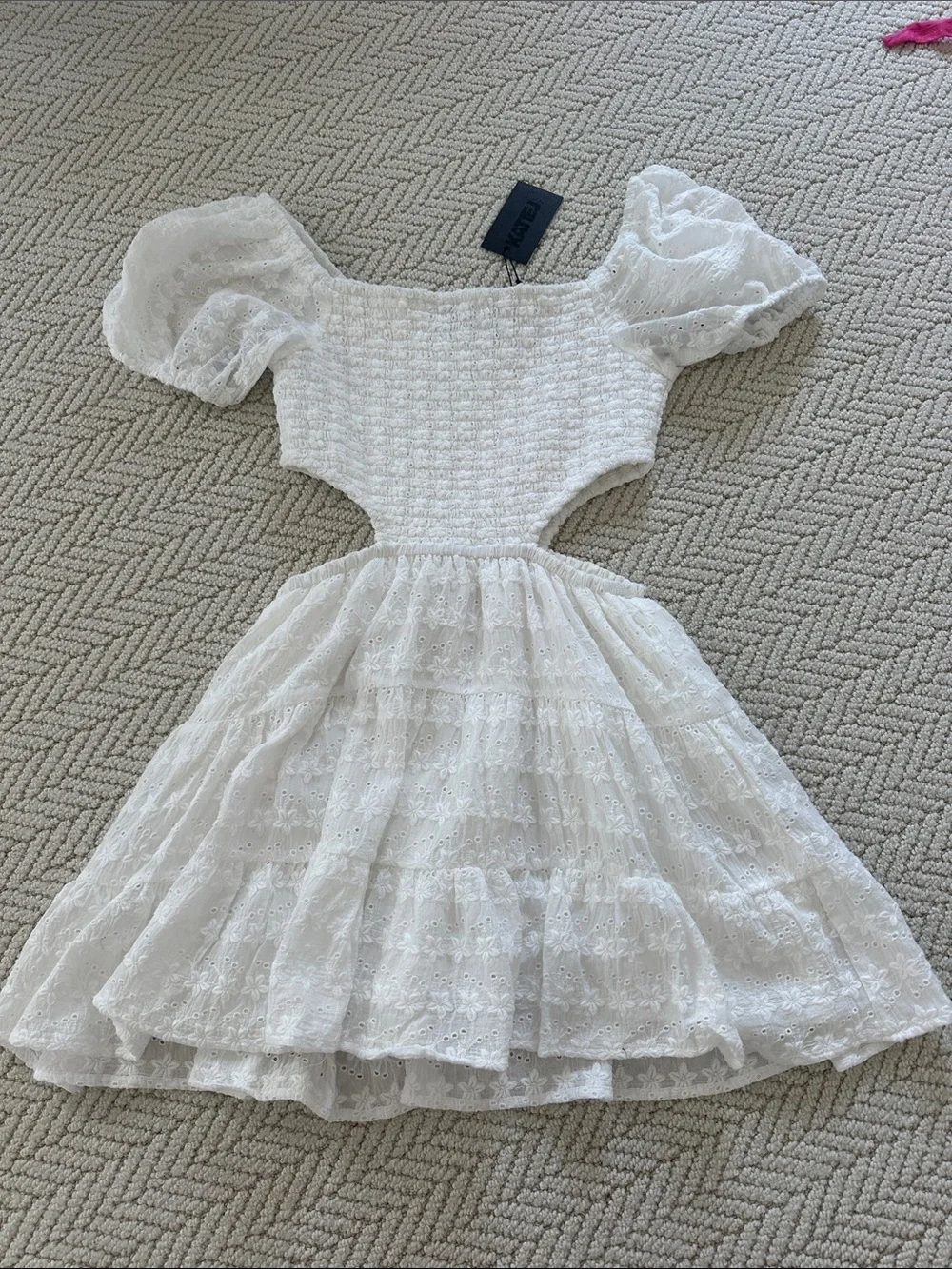 Katie J NYC White Eyelet Puff Sleeve Cutout Dress NWT